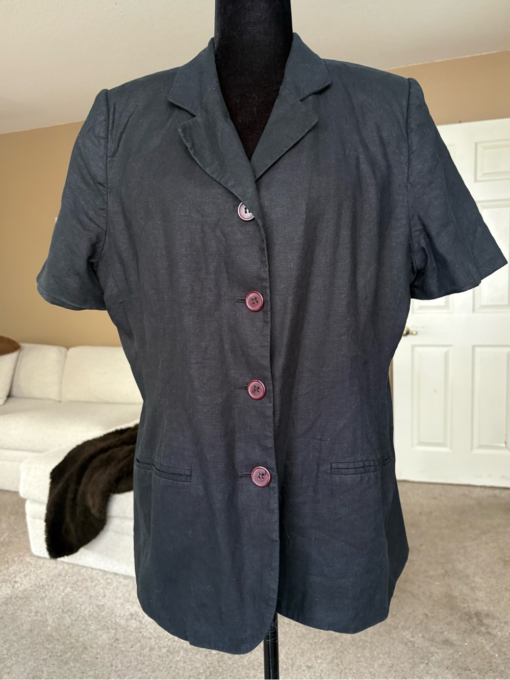 Laura Scott Black Short-Sleeve Blazer with Buttons linen blend size 16